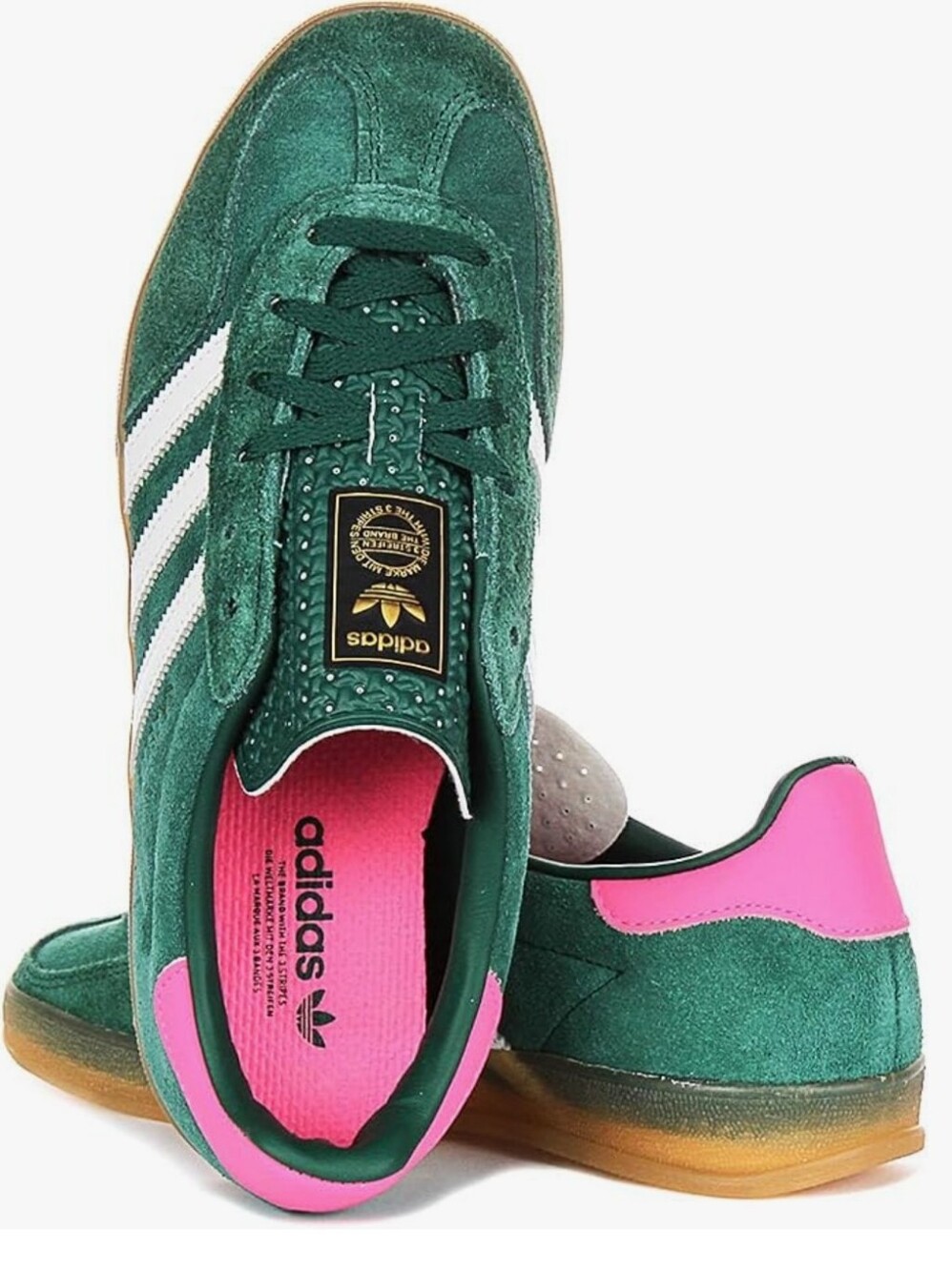 Adidas Gazelle Green Sneakers with Pink Heel and White Stripes